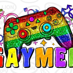 May include: A rainbow glitter game controller with the word "GAYMER" in rainbow letters. The controller is surrounded by rainbow gender symbols.