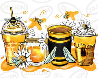 Bumble bee coffee cups png sublimation design, animal coffee cups png design, coffee love png, bumble bee png, sublimate designs download