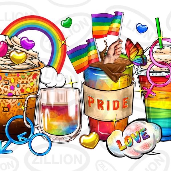 Pride coffee cups png sublimation design download, coffee cups png design, LGBTQ+ png, colorful coffee cups png, sublimate designs download