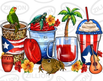 Puerto Rico coffee cups png sublimation design, western coffee cups png design, Puerto Rico flag png, sublimate designs download