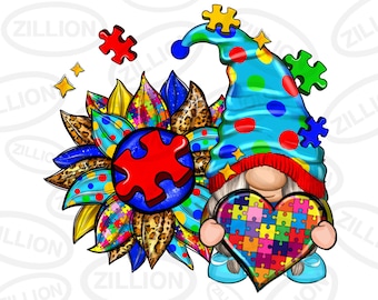 Autism sunflower gnome png sublimation design download, Autism Awareness png, Autism puzzle pieces png, sublimate designs download