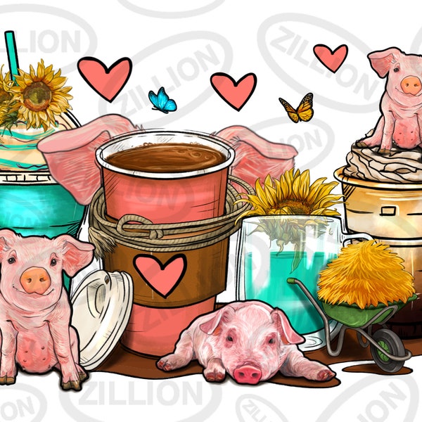 Pigs coffee cups png sublimation design, animal coffee cups png design, pigs love png, cute pigs png, sublimate designs download