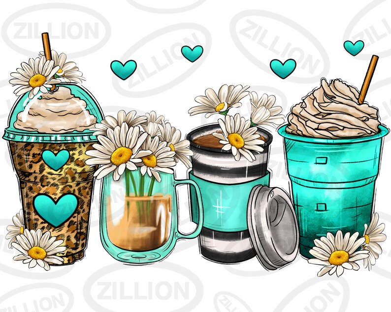 Peut inclure: Quatre boissons au caf&eacute; diff&eacute;rentes avec de la cr&egrave;me fouett&eacute;e et des marguerites. Les boissons sont dans des gobelets transparents avec des couvercles et des pailles. Les gobelets sont d&eacute;cor&eacute;s d'un imprim&eacute; l&eacute;opard, de rayures et d'une couleur turquoise.