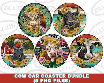 Cow car coaster png sublimation design bundle, western car coaster png, hand drawn cow png, cow png, sublimate designs downlaod
