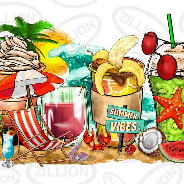 Summer vibes coffee cups png sublimation design download, hello summer png, coffee love png, summer fruits png, sublimate designs download