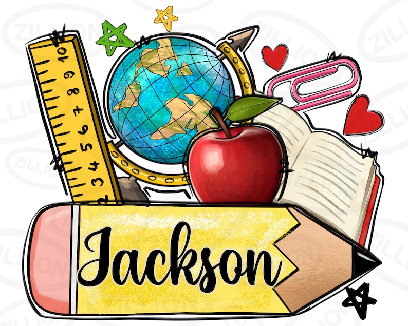 Pode incluir: Um l&aacute;pis amarelo com uma borracha rosa, um globo terrestre, uma ma&ccedil;&atilde; vermelha, uma r&eacute;gua, um livro e um clipe. O l&aacute;pis tem o nome "Jackson" escrito nele.
