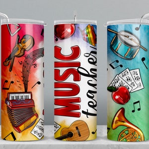 May include: Three stainless steel tumblers with colorful designs featuring musical instruments and the words "Music Teachers".
