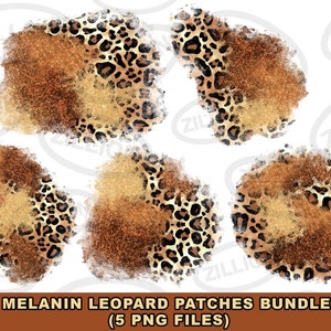 May include: Five digital clipart images of leopard print patches with a gold glitter overlay. The patches are in various shapes and sizes.  "MELANIN LEOPARD PATCHES BUNDLE (5 PNG FILES)" is written in black text at the bottom of the image.