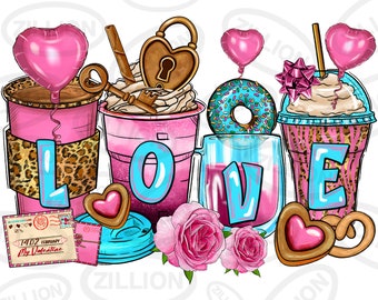 Tazas de café del Día de San Valentín png descarga de diseño de sublimación, Feliz Día de San Valentín png, café amor png, descarga de diseños sublimados