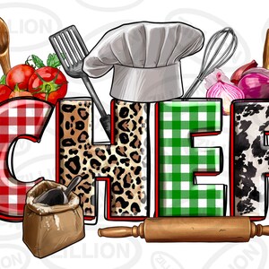 Può includere: Un'illustrazione colorata della parola "CHEF" con un motivo a scacchi rosso e bianco, stampa leopardata, motivo a scacchi verde e bianco e stampa di mucca bianco e nero. L'immagine include anche un cappello da cuoco, un mattarello, una frusta, una spatola, un cucchiaio, pomodori, cipolle e un sacco di farina.