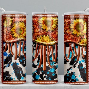 Western tooled leather sunflowers 20 oz skinny tumbler png, tumbler wrap png, tumbler png, 20 oz tumbler designs,sunflowers tumbler download