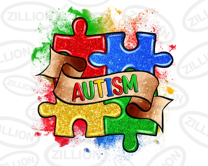 Puede incluir: Una ilustraci&oacute;n colorida de cuatro piezas de rompecabezas con brillo, formando una forma de coraz&oacute;n. Las piezas son rojas, azules, amarillas y verdes. Una cinta marr&oacute;n con la palabra "AUTISMO" en letras arco&iacute;ris est&aacute; envuelta alrededor de las piezas del rompecabezas.