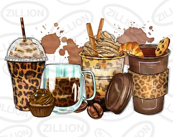 Leopard coffee cups png sublimation design download, coffee love png, coffee time png, western coffee png, sublimate designs download