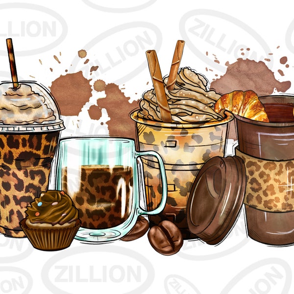 Leopard coffee cups png sublimation design download, coffee love png, coffee time png, western coffee png, sublimate designs download