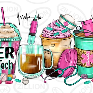 May include: A set of four illustrated coffee cups with a medical theme. The cups feature a pink and white swirl, a brown coffee cup with a pink lid, a teal cup with a brown coffee and a pink lid, and a teal cup with a brown coffee and a leopard print design with a medical symbol. The cups are surrounded by a stethoscope, pills, and a syringe.