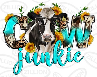 Cow junkie png sublimation design download, hand drawn cow png, sunflowers cow png, cow png design, sublimate designs download