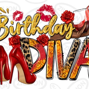 Op de afbeelding: Birthday Diva-afbeelding met gouden glittertekst, rode hakken, een luipaardprint en een hand die een glas rode wijn vasthoudt.