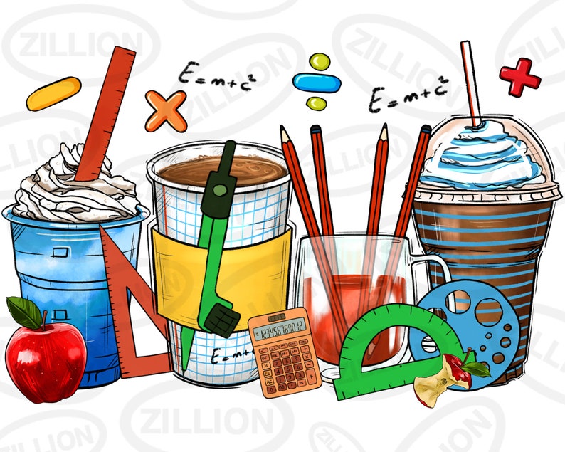 May include: A colorful illustration of back-to-school themed drinks. The illustration features a variety of school supplies, including a ruler, protractor, compass, pencils, and a calculator. The drinks are topped with whipped cream and straws. The text "ZILLION" appears multiple times in the image.