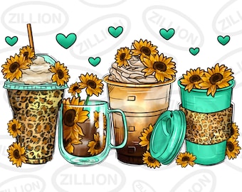 Sunflowers coffee cups png sublimation design, western coffee cups png design, Sunflowers png, sublimate designs download