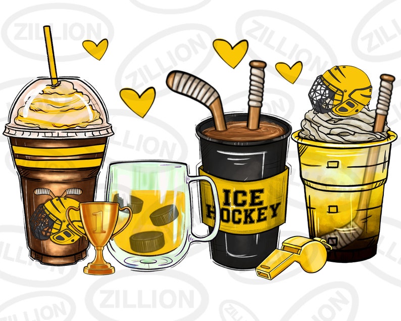 May include: Four yellow and black themed drinks with a gold trophy, a whistle, and hearts. The drinks are a coffee, a milkshake, a beer, and a chocolate drink. The coffee cup has the words "Ice Hockey" on it.