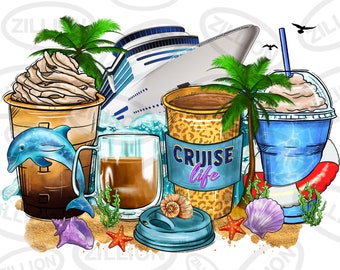 Cruise life coffee cups png sublimation design, coffee cups png design, hello summer png, vacation png, sublimate designs download