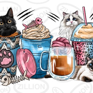 Cat coffee cups png sublimation design, animal coffee cups png design, Cat love png, cute cat png, sublimate designs download