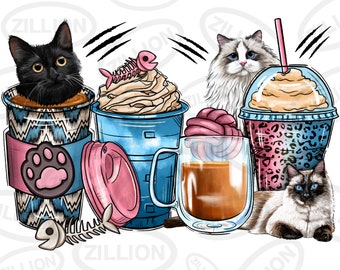 Cat coffee cups png sublimation design, animal coffee cups png design, Cat love png, cute cat png, sublimate designs download