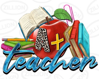 May include: A red apple with a leopard print "A" and a yellow "+" on it. The apple is surrounded by books, a pencil, and a paperclip. The text "teacher" is written in blue with a textured effect.