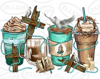 Diseño de sublimación png de tazas de café cruzadas, diseño de png de tazas de café, png cristiano, png de cruz de madera, descarga de diseños sublimados