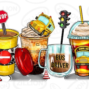 Bus driver coffee cups png sublimation design, western coffee cups png design, school bus png, bus driver png, sublimate designs download