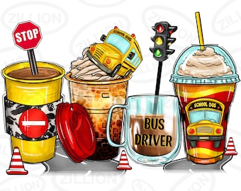 Bus driver coffee cups png sublimation design, western coffee cups png design, school bus png, bus driver png, sublimate designs download