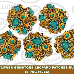 Peut inclure: Cinq images numériques de clipart de patchs à imprimé léopard avec des pierres précieuses turquoise et des tournesols. Les patchs sont dans un style aquarelle avec un fond blanc.