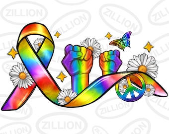 May include: A rainbow ribbon tied in a bow with two raised fists and a peace sign. The ribbon is surrounded by daisies and stars.