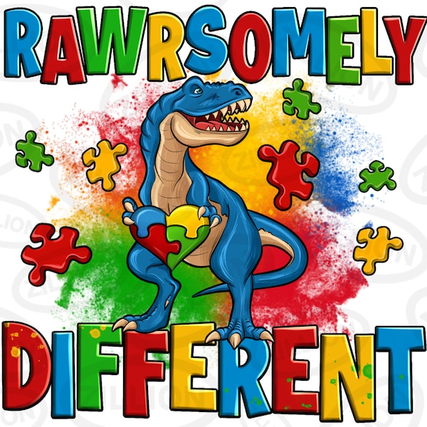 Rawrsomely different Autism T-rex png sublimation design download, Autism Awareness png, Autism png, Autism heart png, sublimate  download