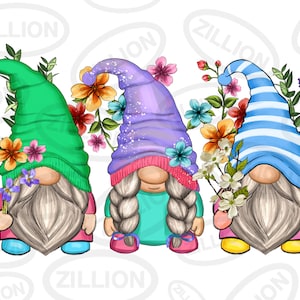 Peut inclure: Trois gnomes avec des chapeaux colorés et des barbes blanches se tiennent devant un fond blanc. Chaque gnome tient un bouquet de fleurs. Les fleurs sont roses, violettes, blanches et jaunes. Les gnomes portent des chapeaux roses, bleus et verts.
