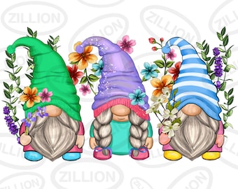 Floral gnomes png sublimation design download, hand drawn gnomes png, cute gnomes png, flowers png, sublimate designs download