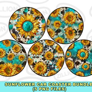 Sunflower car coaster png sublimation design bundle, western car coaster png, sunflowers png, sublimate designs download