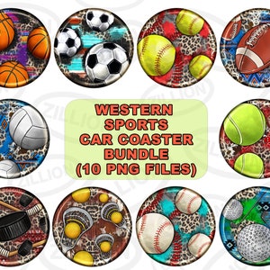 Sports car coaster png sublimation design bundle, western car coaster png, game day png, sport balls png, sublimate designs downlaod