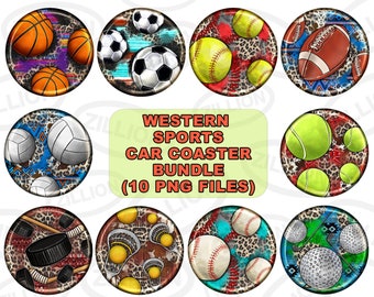Sports car coaster png sublimation design bundle, western car coaster png, game day png, sport balls png, sublimate designs downlaod