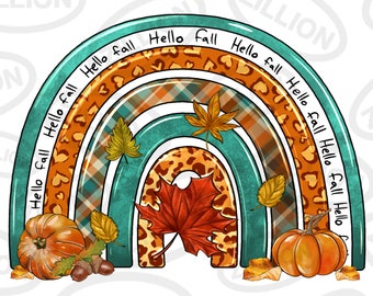 Fall boho rainbow png sublimation design download, Autumn png, hello Fall png, Fall leaves png, sublimate designs download