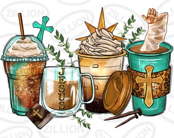 Tazas de café de Jesús diseño de sublimación png, diseño de tazas de café occidentales png, png cristiano, png cruzado, descarga de diseños sublimados