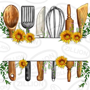 May include: A set of kitchen utensils with sunflowers and greenery. The utensils include a wooden spoon, spatula, rolling pin, whisk, and knife.