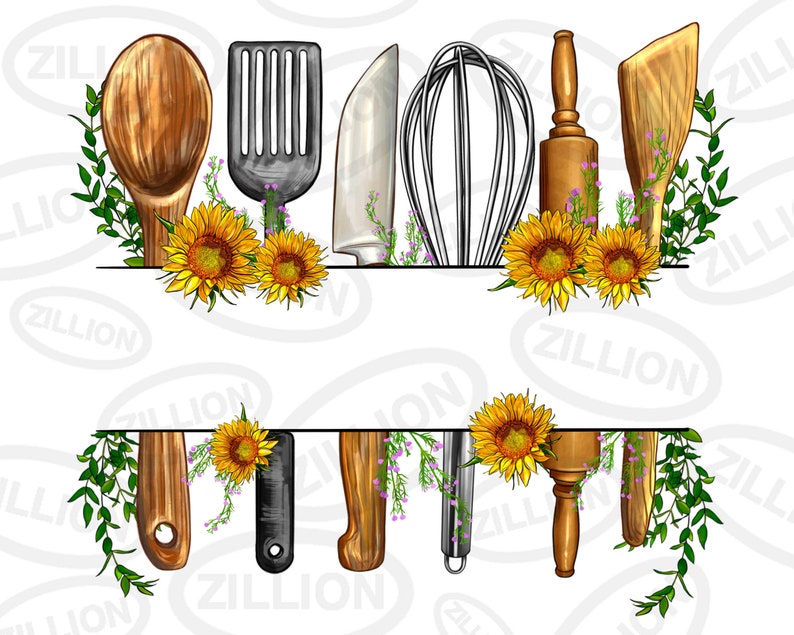 May include: A set of kitchen utensils with sunflowers and greenery. The utensils include a wooden spoon, spatula, rolling pin, whisk, and knife.
