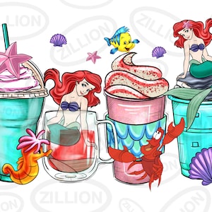 May include: Four colorful cups with mermaid-themed designs. The cups are filled with different beverages, including a green smoothie, a red drink, a pink milkshake, and a blue drink. The cups are decorated with mermaid tails, seashells, and starfish.