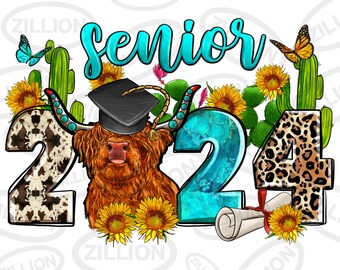 Senior 2024 cow png sublimation design download, class of 2024 png, graduation 2024 png, graduate png, sublimate designs download