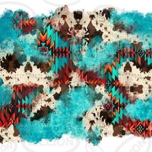 Puede incluir: Impresión digital de arte abstracto con un patrón geométrico turquesa, naranja, rojo y marrón sobre un fondo de piel de vaca blanca.