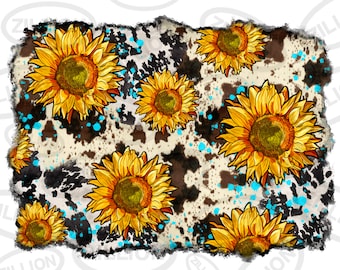 Cowhide and sunflower background png sublimation design download, western pattern png, western background png, sublimate designs download