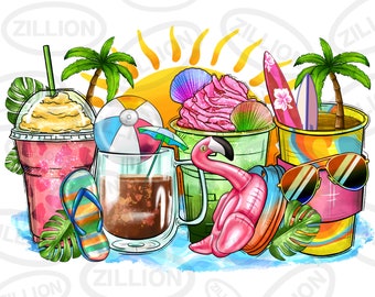 Beach summer coffee cups png sublimation design download, summer vibes png, coffee love png, beach time png, sublimate designs download