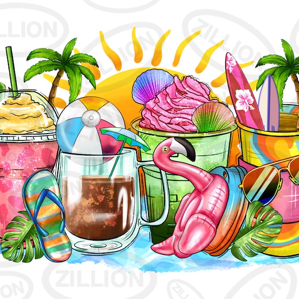 Beach summer coffee cups png sublimation design download, summer vibes png, coffee love png, beach time png, sublimate designs download