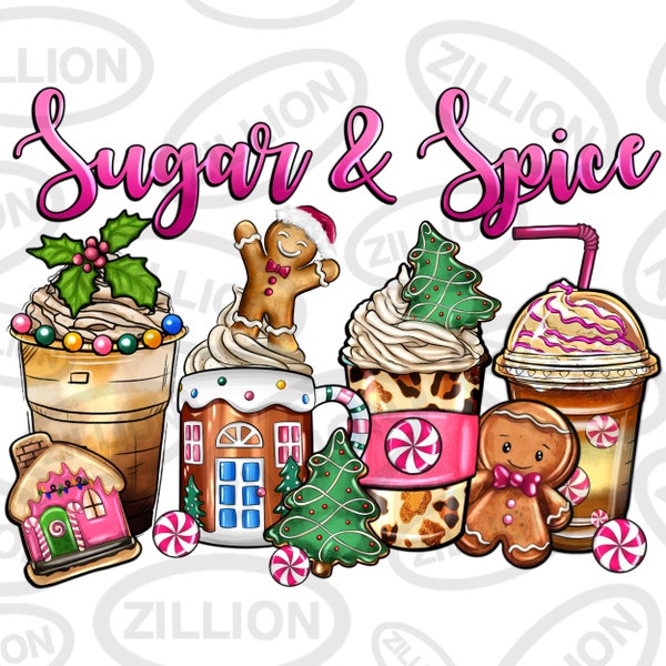 Sugar and spice pink gingerbread coffee cups png, Merry Christmas png, Happy New Year png, sublimate designs download